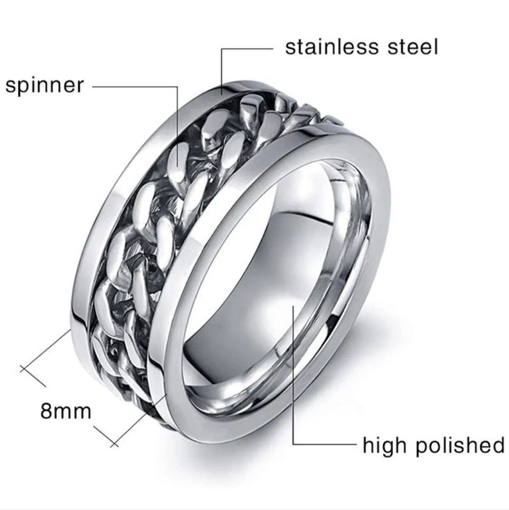 Silver Fidget Spinner Ring Stainless Steel Chain Band Spin adhd Focus Tool